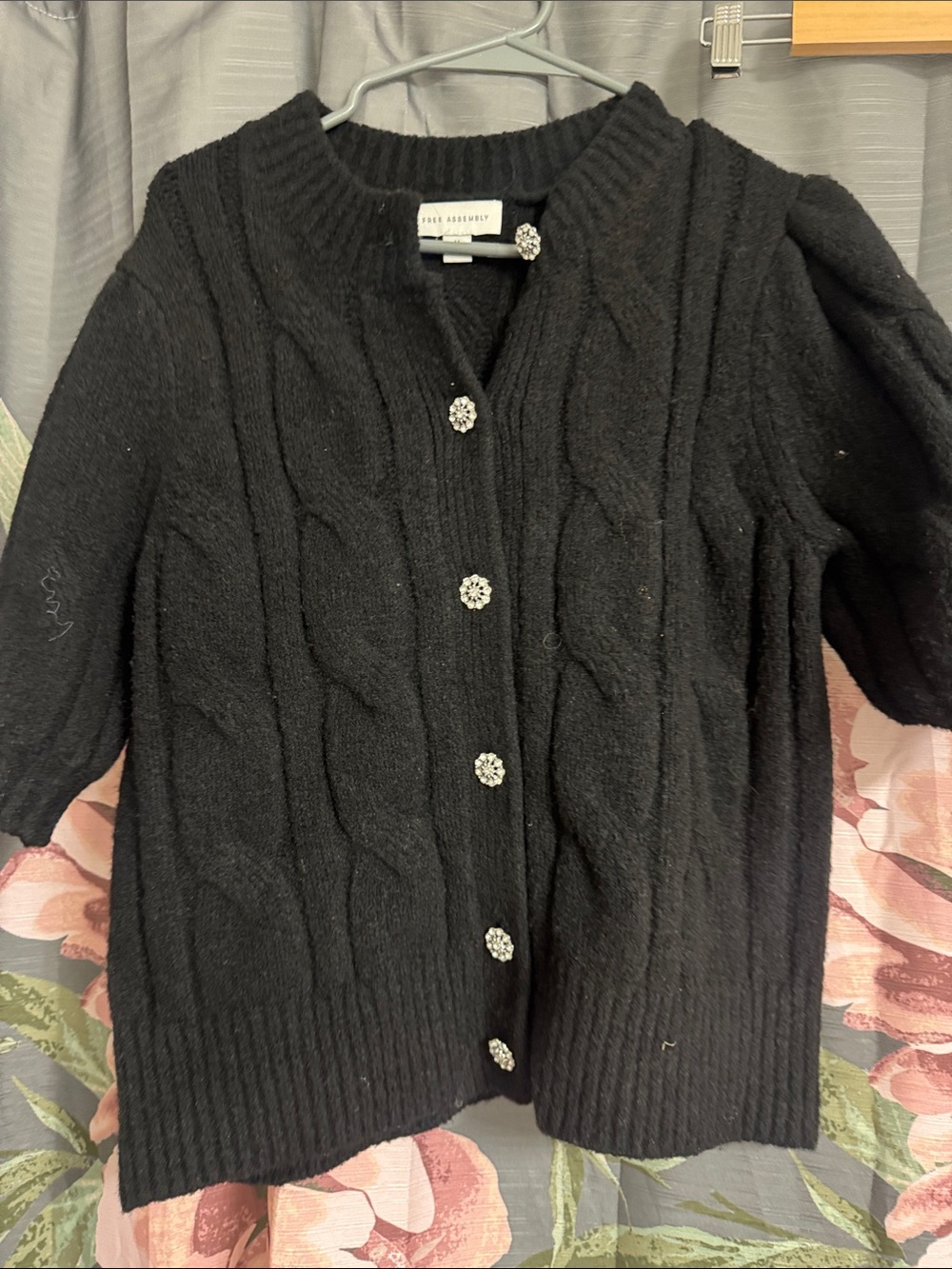 Black Cable-Knit Cardigan with Jewel Buttons